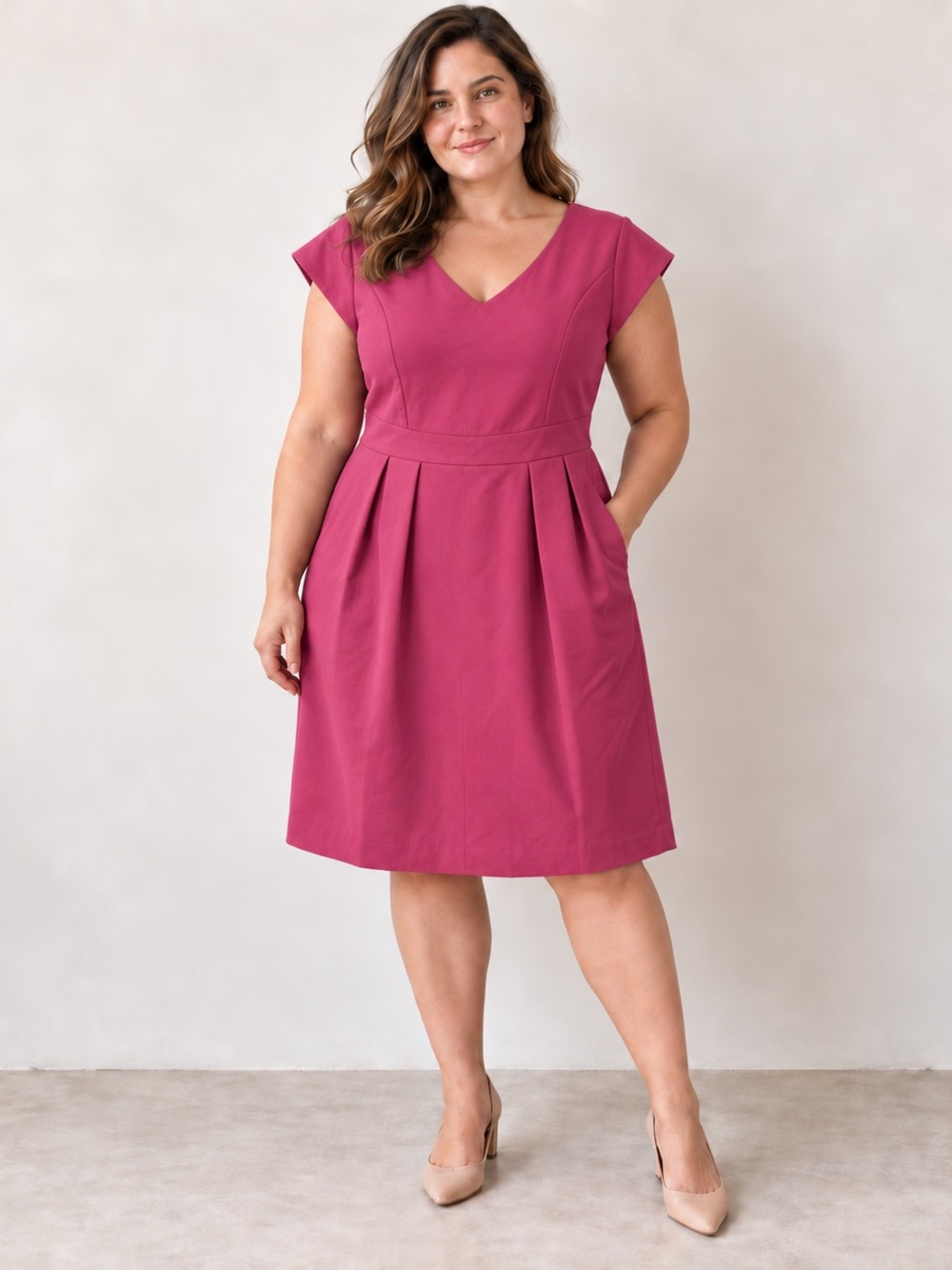 Enlo Size 16 Raspberry Pink V-Neck Pleated Fit & Flare Dress